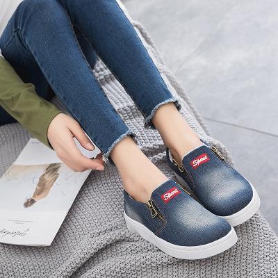 Large Size Washed Denim Zipper Loafers Flats Canvas Shoes Women Casual Slip on