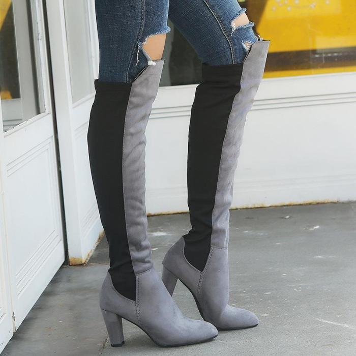 Women Plus Size Faux Suede Color Block Boots Chunky Heel Knee-high Boots