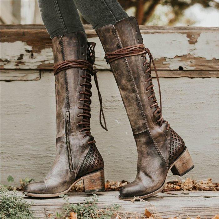 Women Vintage Lace-up Hollow-Out Boots Chunky Heel Color Block Boots