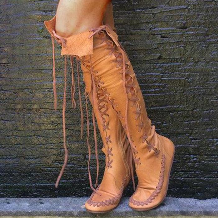 Chic Stylish Knee High Solid Lace-up Boots