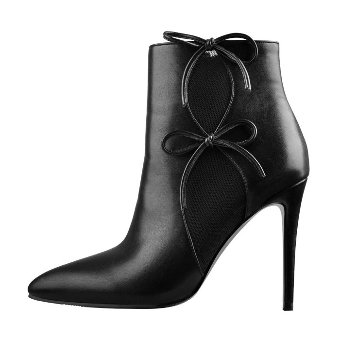 Side Net Breathable Bow Matte Black Leather Ankle boots