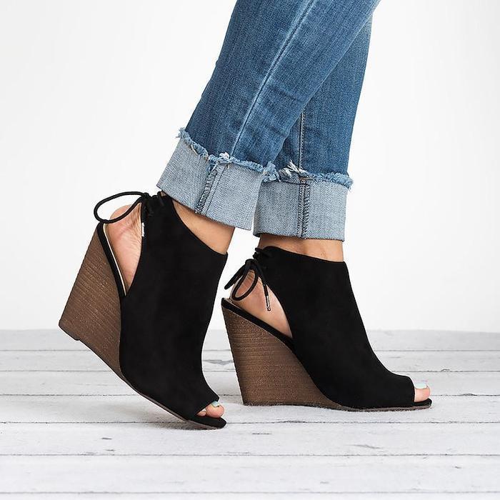 Women Large Size Lace-up Peep Toe Wedges Bootie