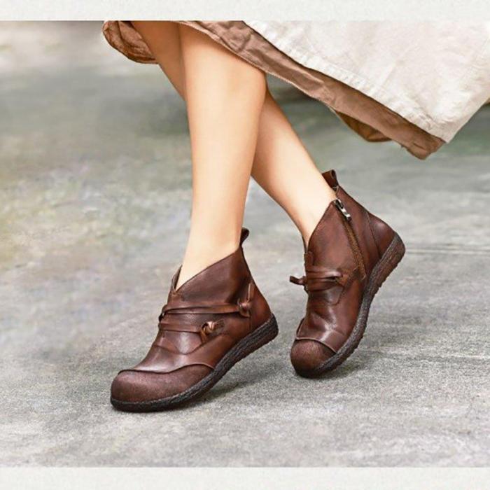 Flat Brown Round Toe Ankle Boot