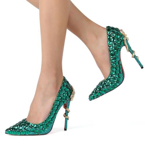 Green Rhinestone High Heel Genuine Leather Party Shoes
