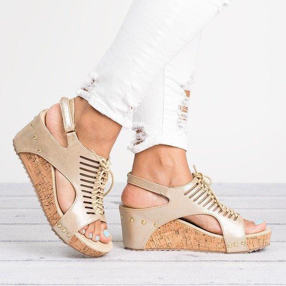 US$ 29.80 - Plus Size Wedge Sandals Gold Lace up with Blocking Hook-Loop -  www.icuteshoes.com
