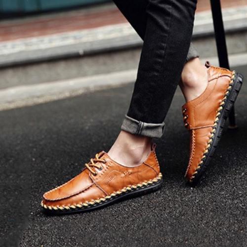Men Hand Stitching Non-slip Casual Lace-up Flat Shoes