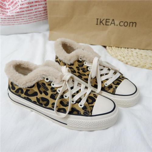 Fashion Leopard Women Flat-bottomed Shoes with Fluff and Warmth