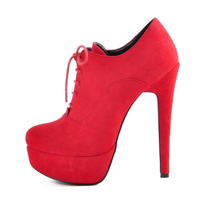 Platform Lace Up Stiletto High Heels Red Suede Leather Ankle Bootie