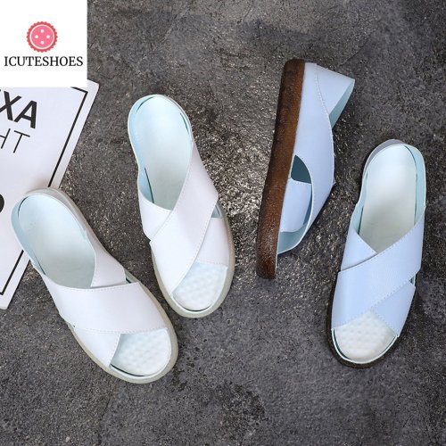 Women Summer Casual Shoes Peep Toe Slip On Vintage Sandal
