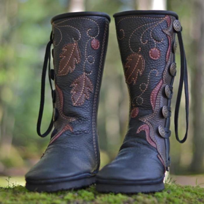 Women Black Artificial Leather Buckle Flat Heel Boots