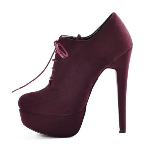 Platform Lace Up Stiletto High Heels Burgundy Leather Ankle Bootie