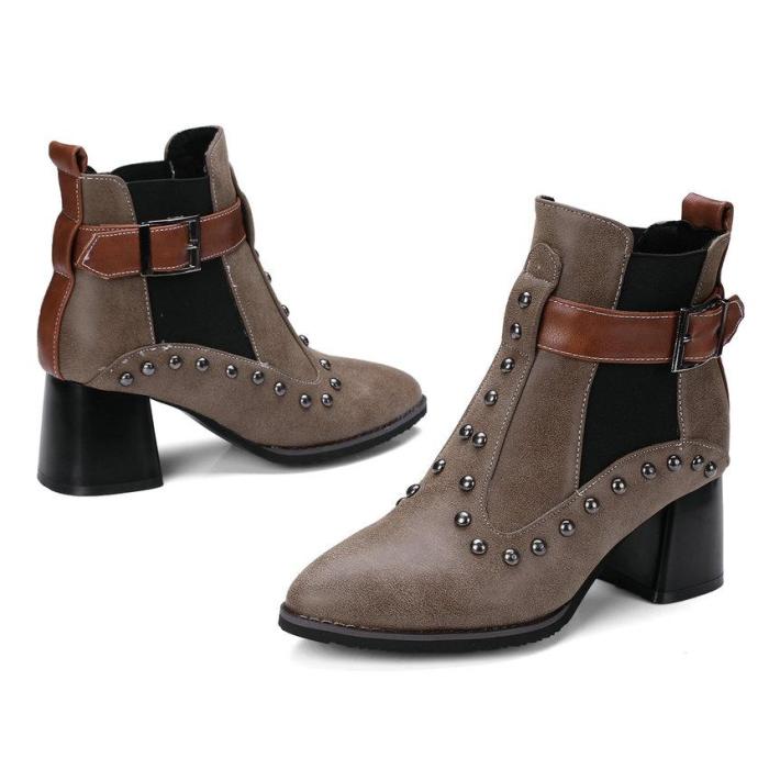 Ankle Boots Pointed Toe Square High Heel Winter