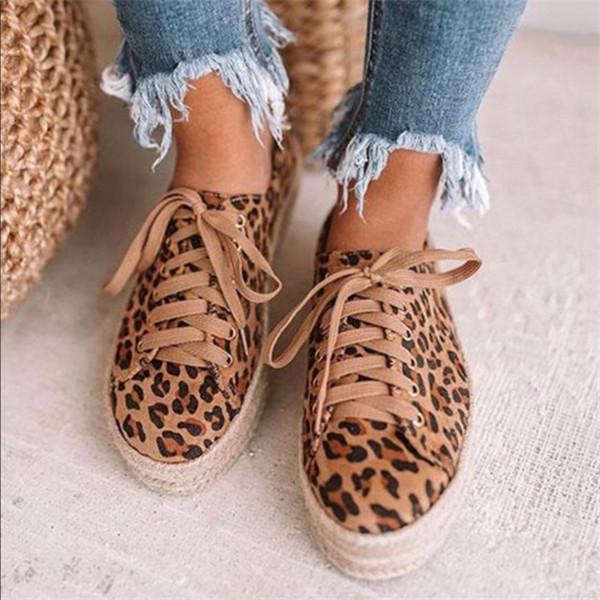 Leopard Print Canvas Lace-Up Straw-Weaved Platforms Women Shoes