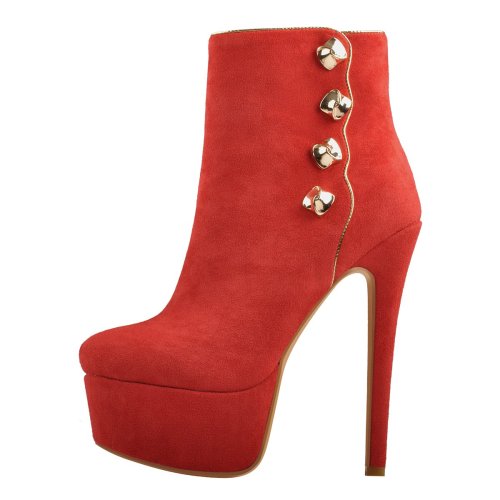 Platform Red Suede Gold Button Stiletto Ankle Boots