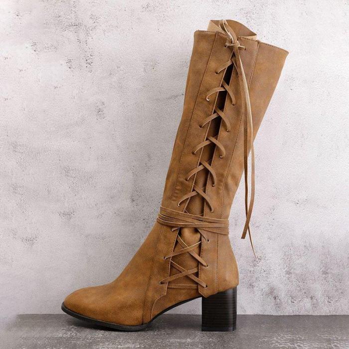 Women Side Lace-up Low Heel Boots Vintage Comfort Boots