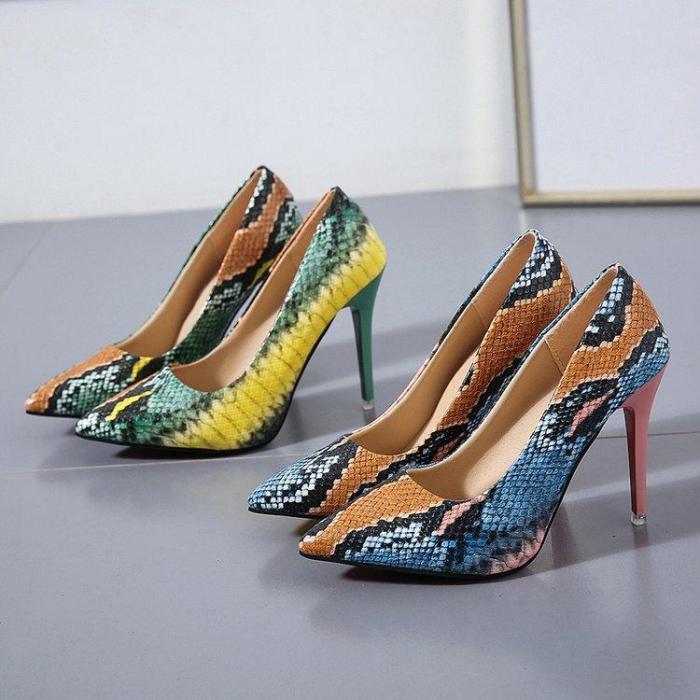 PU Leather Pointed Toe Pumps Snake Printing Female Shoes