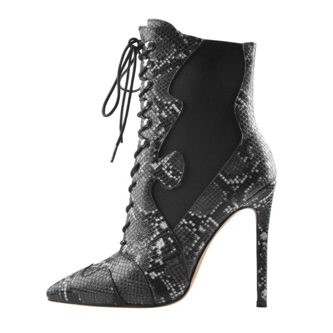 Snake Lace-up Pointy Toe Stiletto High Heel Ankle Boots