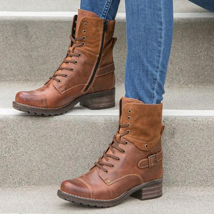 Casual Pu Lace-Up Buckle Med Chunky Cowboy Boots