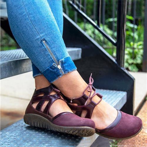 Flocking Square Toe Hollow Lace-Up Flat Sandals