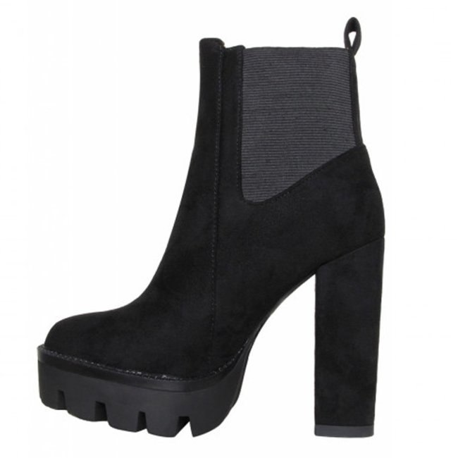 Black Suede Platform Round Toe Chunky Heel Elastic Ankle Boots