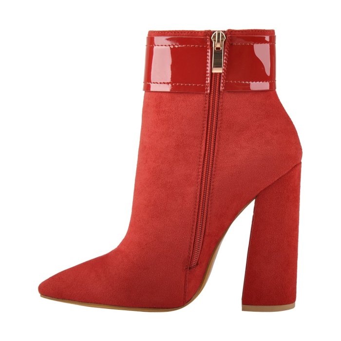 Red Suede Pointed Toe Buckle Chunky Heels Ankle Booties