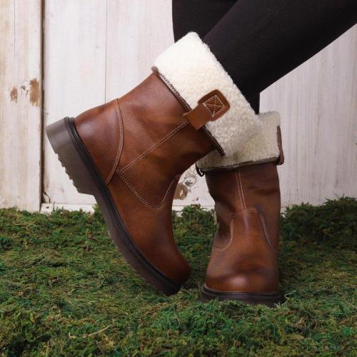 Women Brown Vintage Boot Winter Chunky Heel Shoes