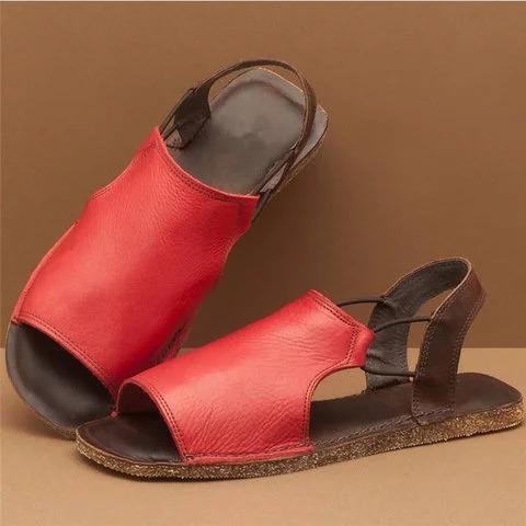 Sandals Flats Casual Single Shoes Woman Vintage PU Leather Non-slip Open Toe