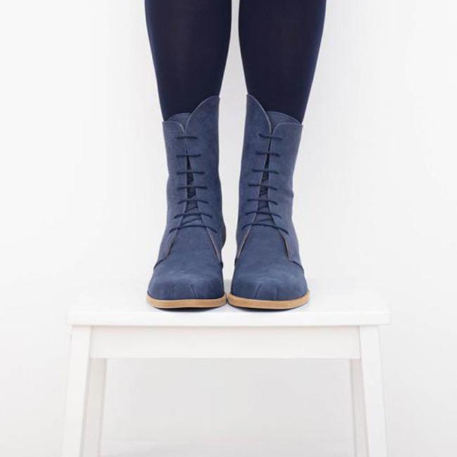Blue Artificial Leather Women Lace-Up High-Tube Back Zipper Chunky Boots