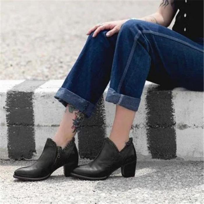 Women's Vintage Solid Color Side Zipper Thick Boots