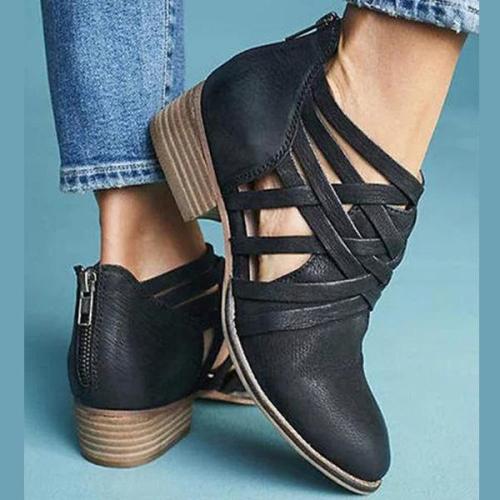 Criss-Cross Ankle Heel Booties Hollow-out PU Chunky Heel Boots