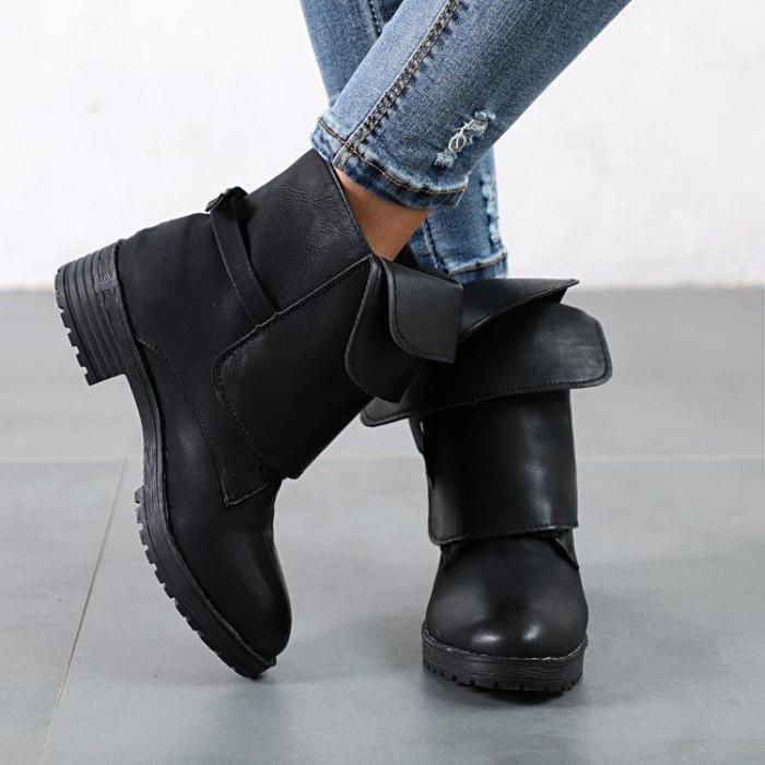 Pu Stylish Rivet Buckle Mid Heel Slipproof Platforms Boots