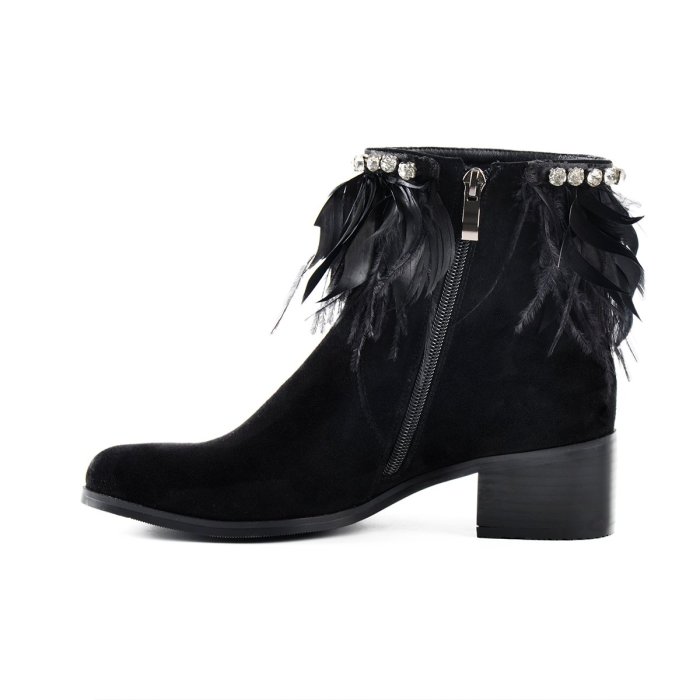 Feather Suede Chunky Heel Ankle Boots
