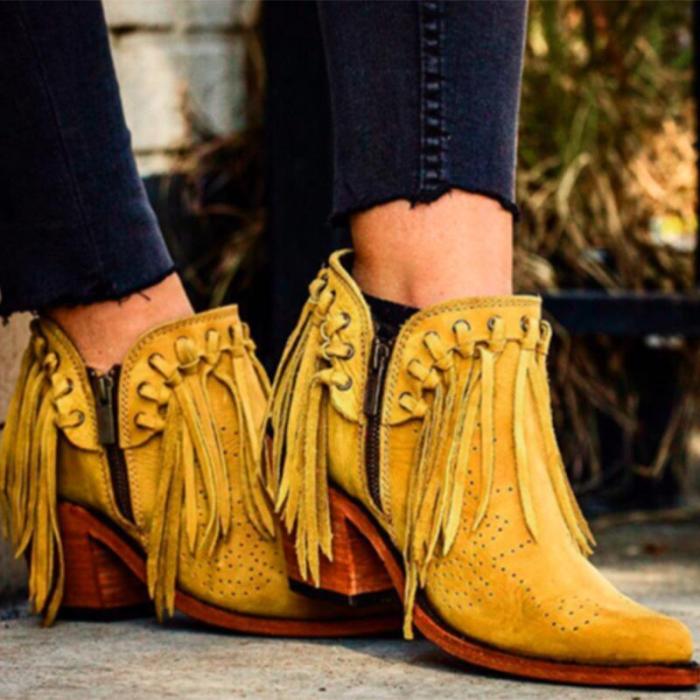 Classic Tassel Side Zipper Pure Color Ankle Boots