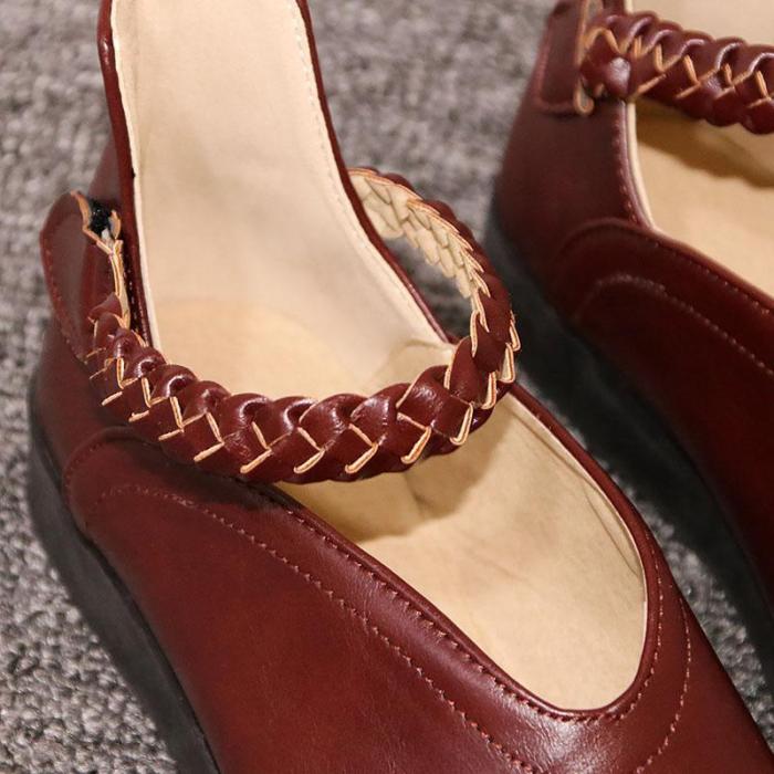Round Toe Artificial Leather Ankle Strap Weaved Flats