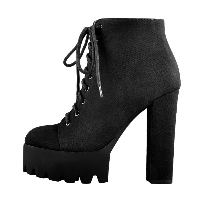 Platform Round Toe Lace Up Chunky High Heels Suede Ankle Boots