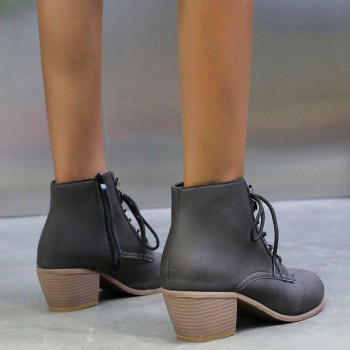 Lace-Up Pu Med Chunky Heel Ankle Booties