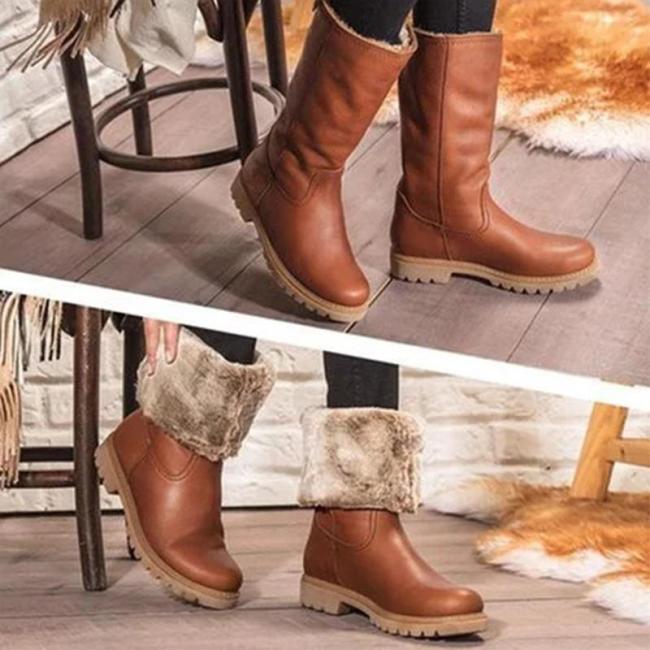 Women Plain Warm Folding Low-heel Boots