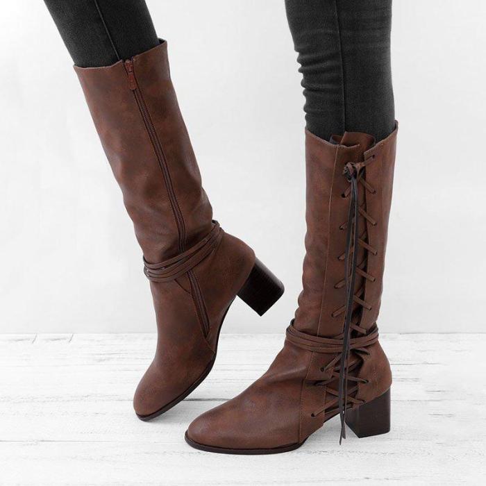 Women Side Lace-up Low Heel Boots Vintage Comfort Boots