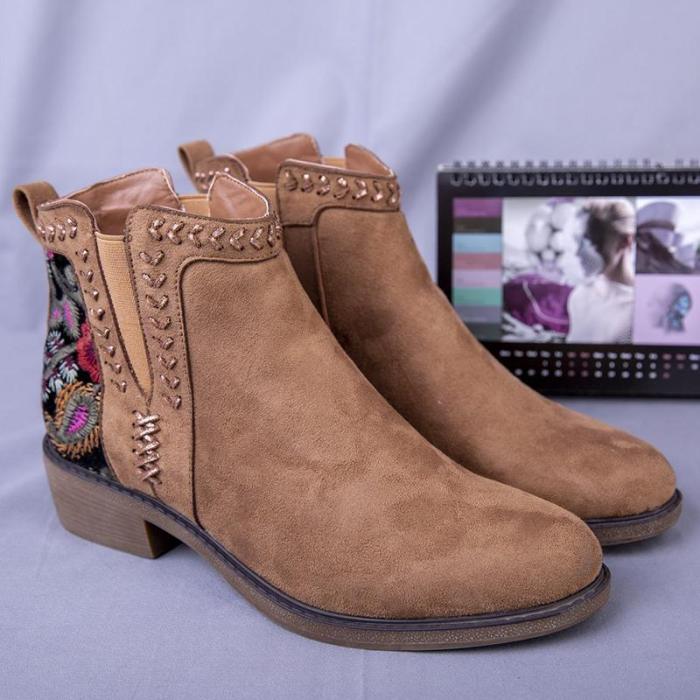 Camel Chunky Heel Embroidery Faux Suede Winter Boots