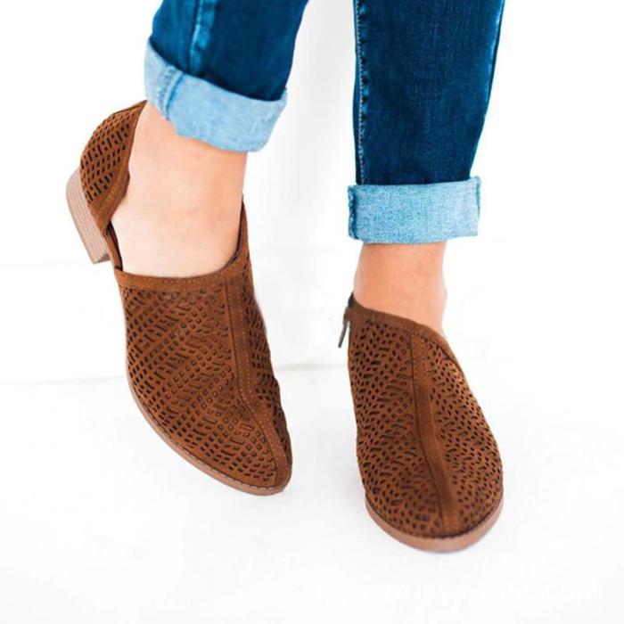 Women Low Heel PU Slip-On Shoes Hollow Chunky Heel Boots
