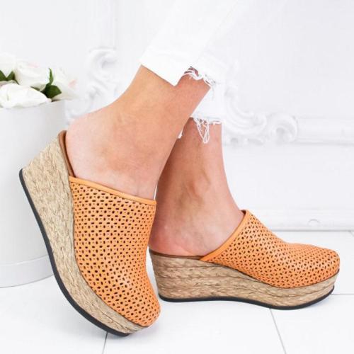 Vintage Hollow-Out Closed Toe Wedges Sandals Filler Heel Slippers