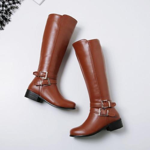 women snow boots buckle with zip Retro women's knee high boots thick fur warm