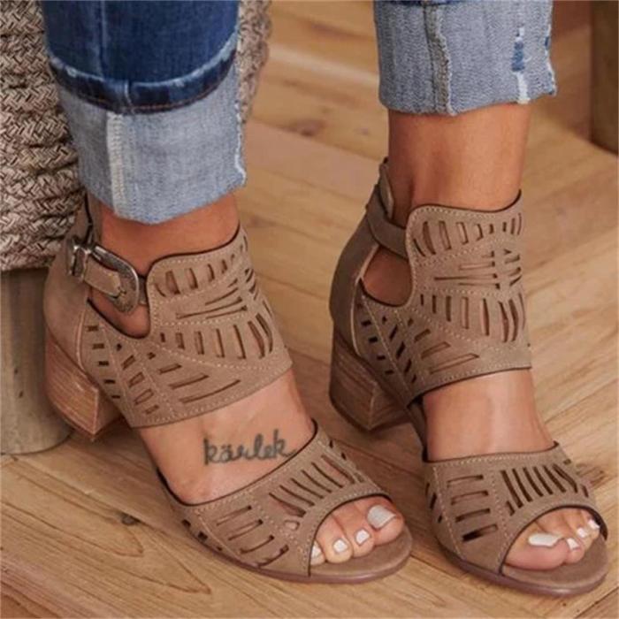 Hollow Out Sandals Mid Heel Summer Slip-on Buckle Ladies Shoes Artificial Open Toe