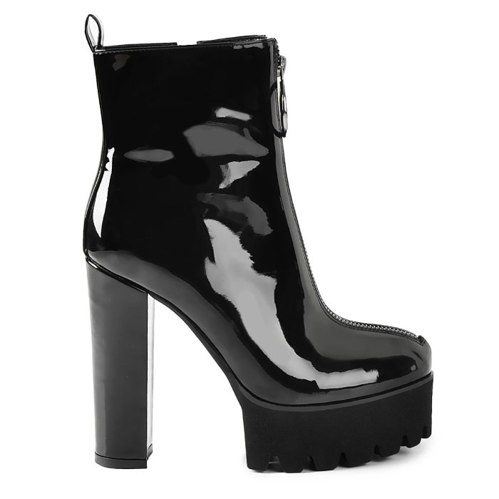 Round Toe Black Patent Leather Platform Chunky High Heel Ankle Boots
