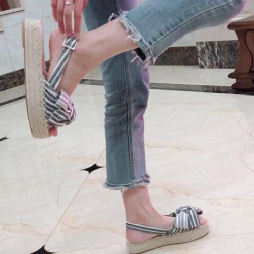 Stripe Summer Low Heel Cloth Buckle Sandals