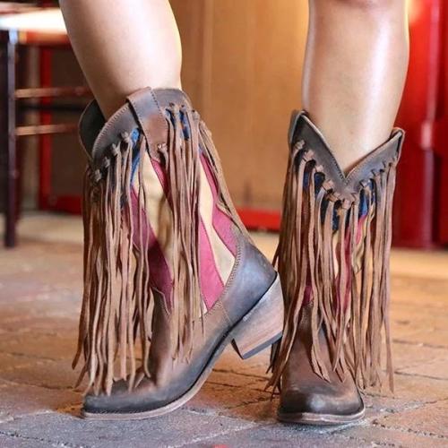 Pointed Toe Tassel Printed Boots