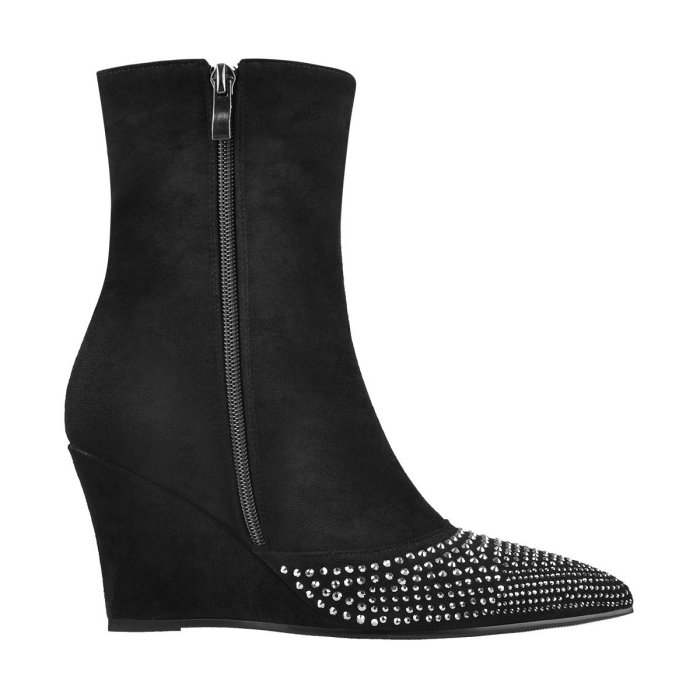 Rhinestone Pointed Toe Suede Ankle Wedge Ankle Boots