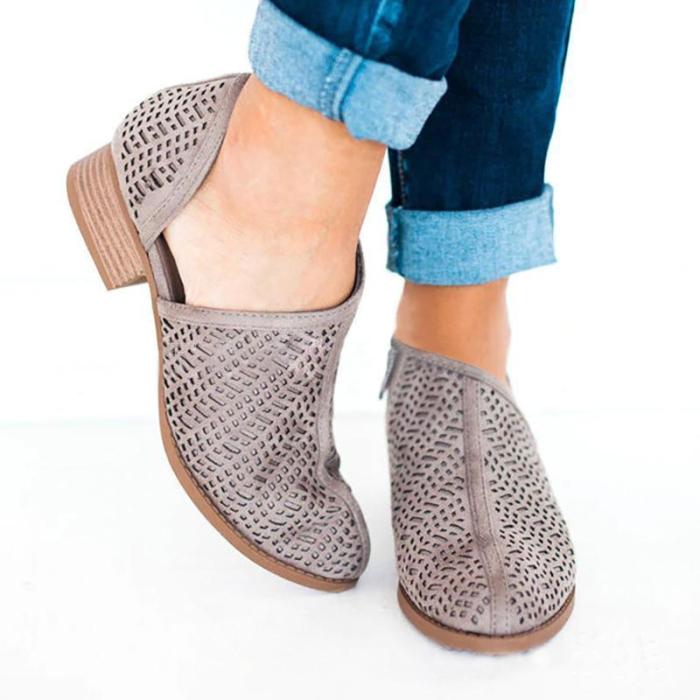 Women Low Heel PU Slip-On Shoes Hollow Chunky Heel Boots