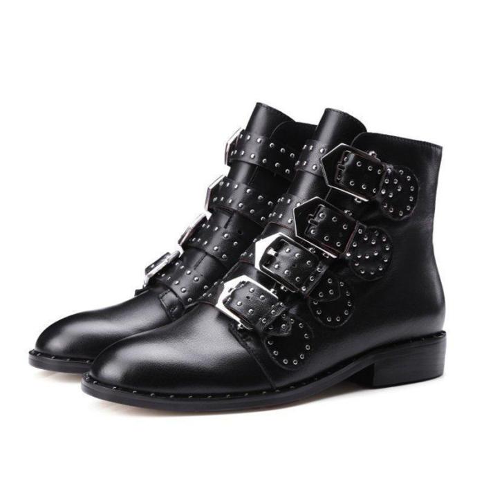 Women Plus Size PU Boots Pointed Toe Low Heel Shoes With Buckle