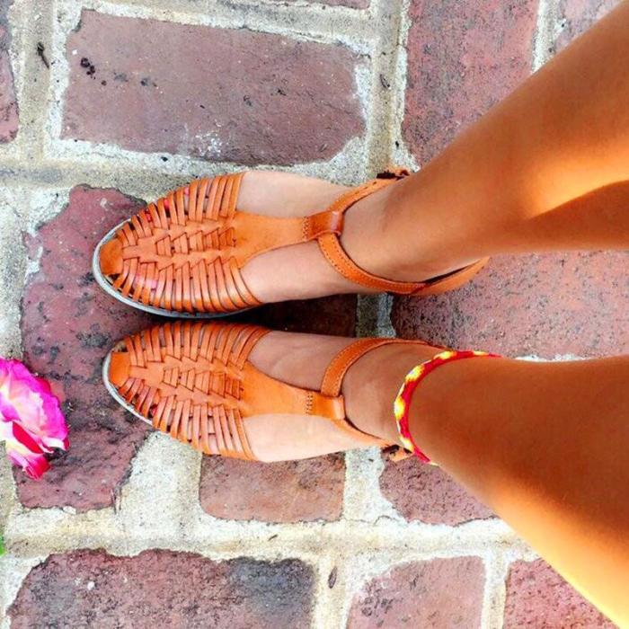 Womens Vintage Casual Summer Flat Heel Pu Buckle Sandals